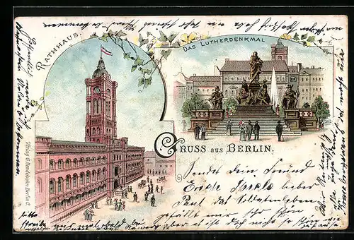 Lithographie Berlin, Rotes Rathaus, Luther-Denkmal, Neuer Markt