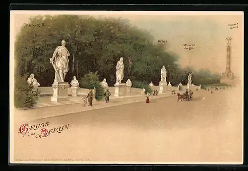 Lithographie Berlin-Tiergarten, Siegessäule, Albrecht der Bär, Otto I., Otto II., Albrecht II.