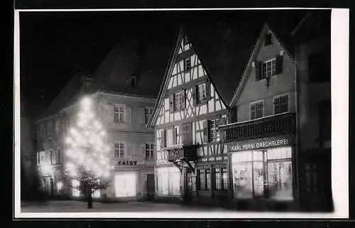 AK Oberkirch, Weihnachtlicher Marktplatz bei Nacht