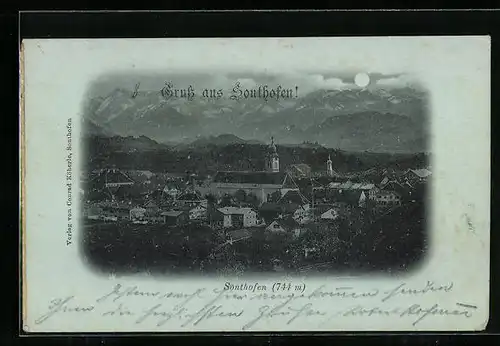 Mondschein-AK Sonthofen, Ortsansicht mit Kirche