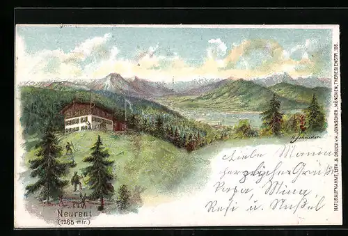 Lithographie Neureut, Gebäude im Wald