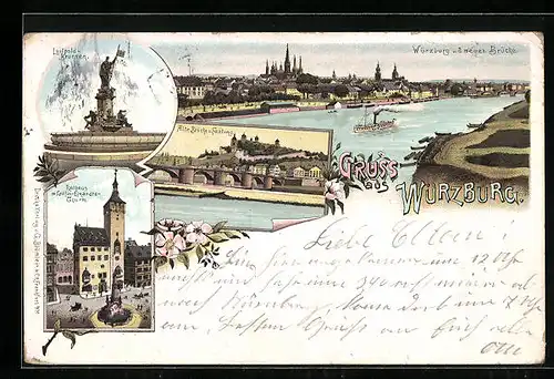 Lithographie Würzburg, Uferpartie mit d. neuen Brücke, Luitpold-Brunnen, Rathaus m. Gräfin-Eckardts-Thurm