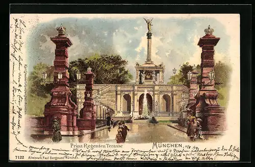Lithographie München, Prinz Regenten Terasse bei nassem Wetter