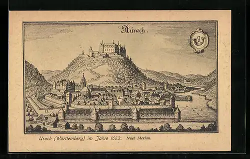 Künstler-AK Urach /Württ., Ortsansicht im Jahre 1663, nach Merian