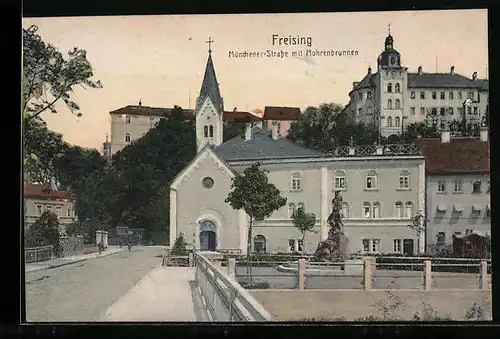 AK Freising, Münchener Strasse mit Mohrenbrunnen