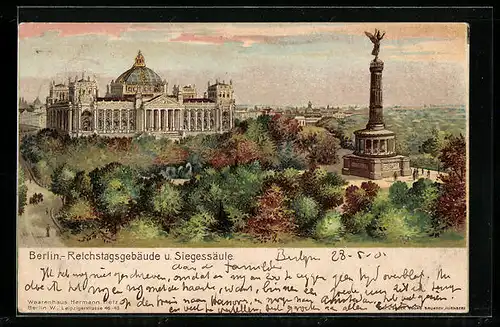 Lithographie Berlin, Reichstagsgebäude und Siegessäule