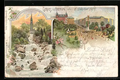 Lithographie Berlin, Belle-Alliance-Platz mit Denkmal, Wassersturz im Victoria-Park