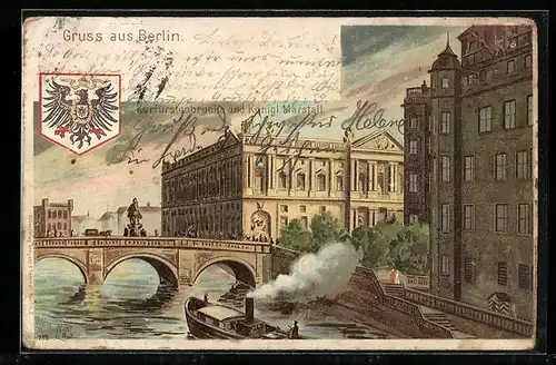 Lithographie Berlin, Kurfürstenbrücke und Königlicher Marstall, Wappen