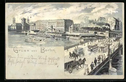 Künstler-AK Berlin, Jannowitzbrücke mit Strassenbahn