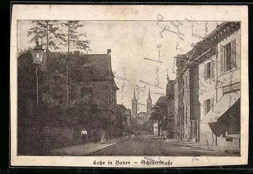 AK Lahr in Baden, Schillerstrasse mit Kirche