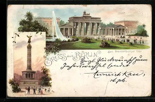 Vorläufer-Lithographie Berlin, 1895, Das Brandenburger Tor, Pariser Platz, Siegessäule