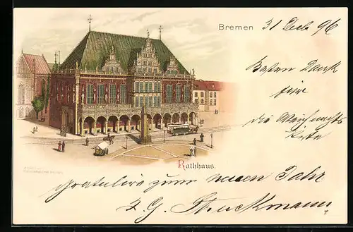 Lithographie Bremen, Rathaus mit Pferdebahn