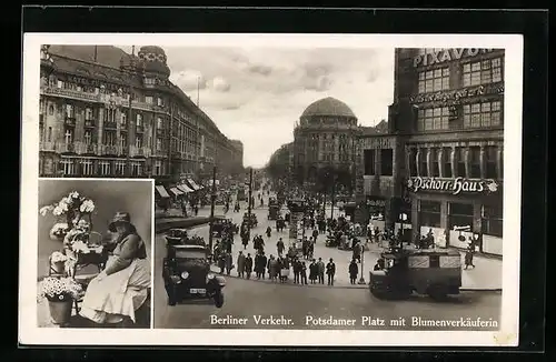 AK Berlin-Tiergarten, Verkehr am Potsdamer Platz, Blumenverkäuferin