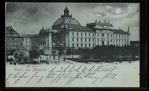 Mondschein-AK München, Blick zum Justizpalais