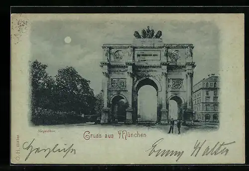 Mondschein-AK München, Blick zum Siegesthor