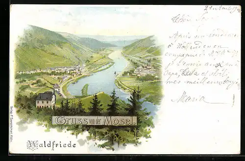 Lithographie Alf /Mosel, Gasthaus Waldfriede mit Blick auf Alf