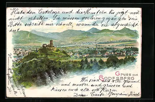 Lithographie Godesberg, Totalansicht mit Burg