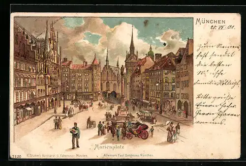 Lithographie München, Ansicht vom Marienplatz