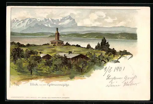Lithographie Berg, Blick von der Rottmannshöhe auf den Starnberger See