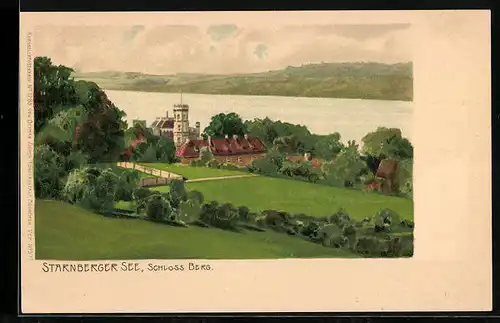 Lithographie Berg, Blick auf Schloss Berg mit Starnberger See