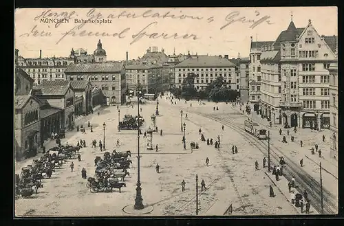 AK München, Strassenbahn auf dem Bahnhofsplatz