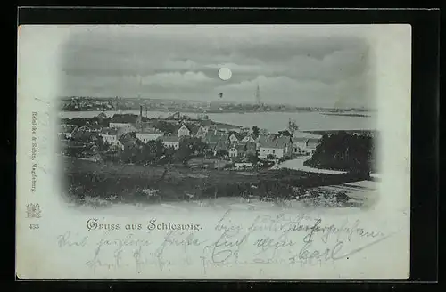 Mondschein-AK Schleswig, Gesamtansicht mit Schlei