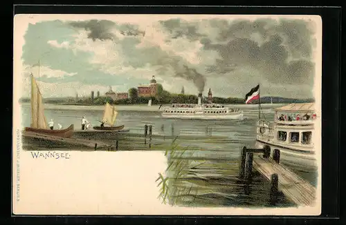 Lithographie Berlin-Wannsee, Salondampfer und Segelboote