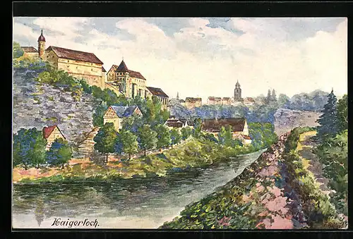 Künstler-AK Haigerloch, Ortsansicht mit Gewässer