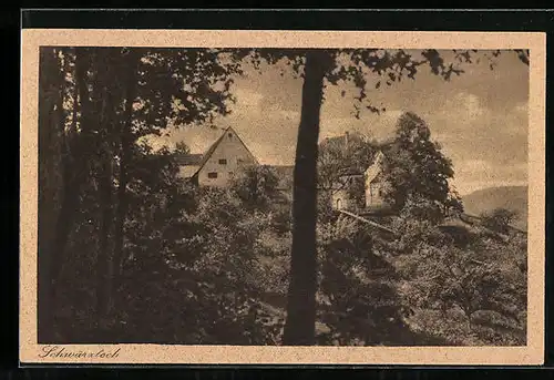 AK Schwärzloch bei Tübingen, Blick auf Wohnhäuser vom Wald aus