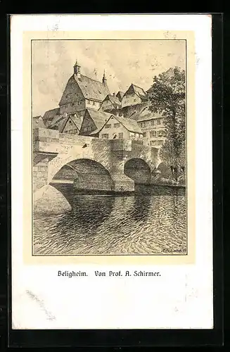 Künstler-AK Besigheim, Ortspartie mit Gewässer und Brücke