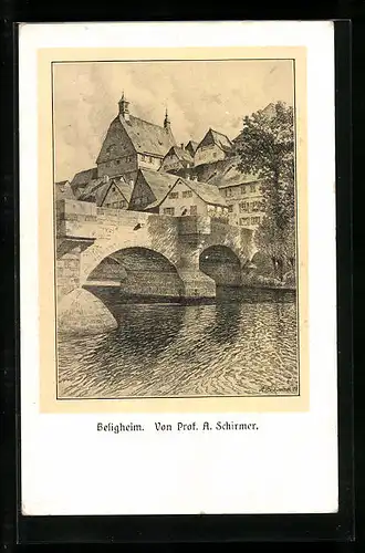 Künstler-AK Besigheim, Ortspartie mit Brücke und Gewässer