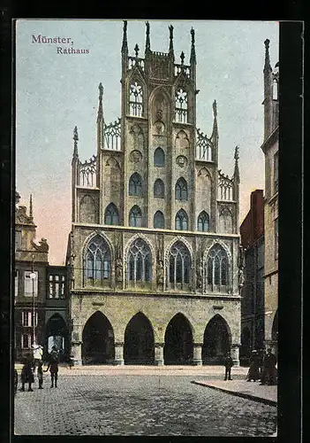 AK Münster, Strassenpartie mit Rathaus