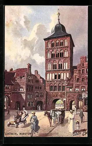 Künstler-AK Lübeck, das Burgtor mit Passanten