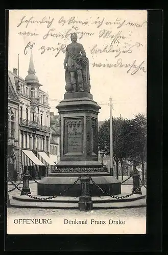 AK Offenburg, das Franz Drake Denkmal