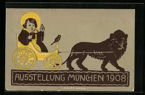 Künstler-AK sign. Fritz Klee: München, Ausstellung 1908, Münchner Kindl in vom Löwen gezogenen Wagen