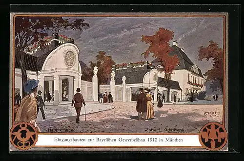 Künstler-AK Carl Moos: München, Bayrische Gewerbeschau 1912, Eingangsbauten zum Ausstellungs-Park