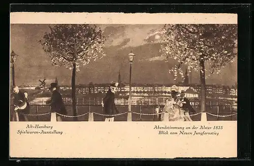 AK Hamburg, Abendstimmung an der Alster 1835 mit Puppen dargestellt, Spielwaren-Ausstellung Hermann Tietz 1925