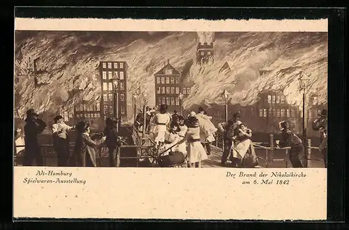 AK Hamburg, Der Brand der Nikolaikirche 1842 mit Puppen dargestellt, Spielwaren-Ausstellung Hermann Tietz 1925