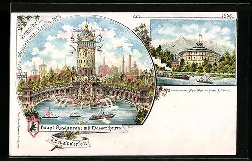 Lithographie Berlin, Gewerbe-Ausstellung 1896, Hauptrestaurant mit Wasserturm, Alpenfahrt