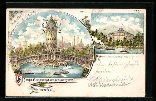 Lithographie Berlin, Gewerbe-Ausstellung 1896, Hauptrestaurant mit Wasserturm, Alpenfahrt