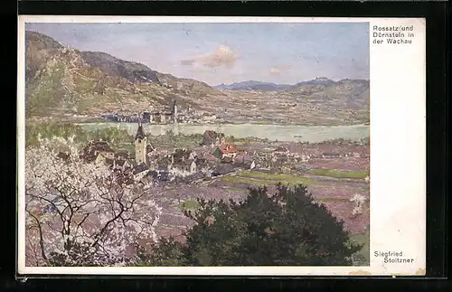 Künstler-AK Siegfried Stoitzner: Rossatz in der Wachau, Totale mit Dürrnstein