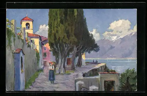 Künstler-AK sign. Paolo Kutscha: Brissago, Ortspartie mit Fräulein in Tracht