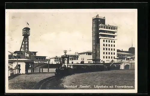 AK Düsseldorf, Ausstellung Gesolei 1926, Liliputbahn mit Feuerwehrturm