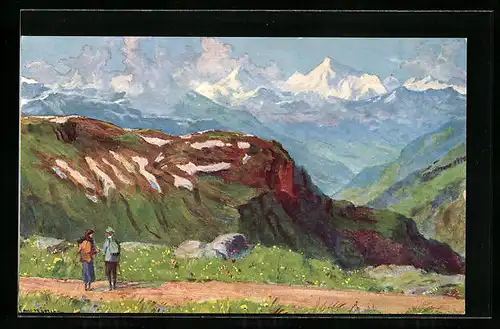 Künstler-AK sign. Paolo Kutscha: Furkastrasse, Aussicht mit den Walliser Alpen