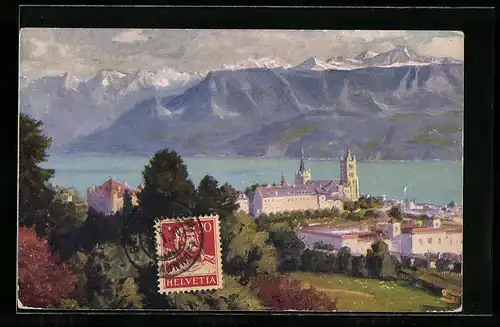 Künstler-AK sign. Paolo Kutscha: Lausanne, Genfer See mit den Savoyer Alpen