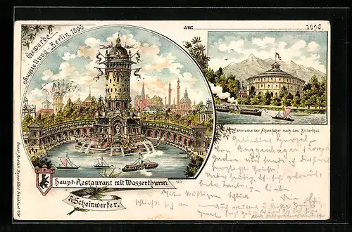 Lithographie Berlin, Gewerbe-Ausstellung 1896, Rundbau Haupt-Restaurant mit Wasserturm & Scheinwerfer