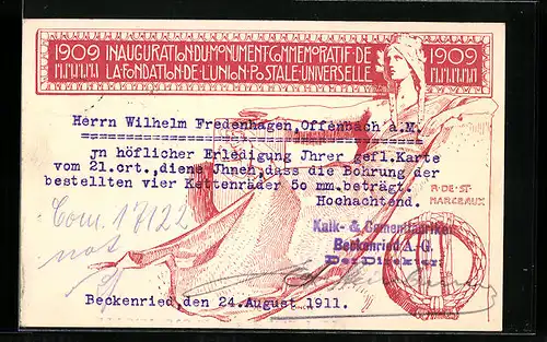 Künstler-AK Inauguration du Monument Commemoratif de la Fondation de l`Union Postale Universelle, 1909, Ganzsache