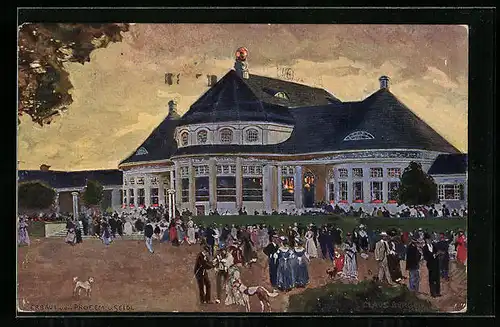 Künstler-AK Claus Bergen: München, Ausstellung 1908, Das Haupt-Restaurant, PP15C147O27, Ganzsache