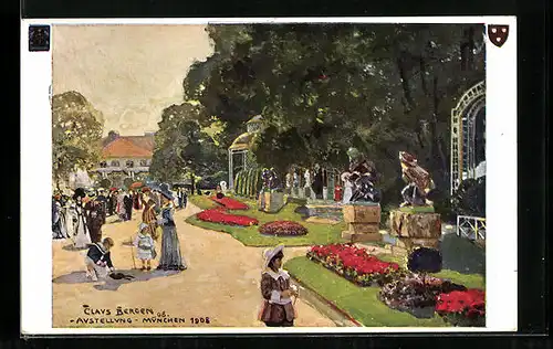 Künstler-AK Claus Bergen: München, Ausstellung 1908, Laubengang mit Theater-Cafe