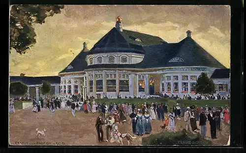Künstler-AK Claus Bergen: München, Ausstellung 1908, Hauptrestaurant, Ganzsache